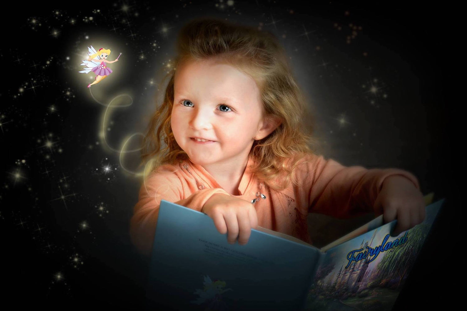 Young girl holding a book and looking at a fairy