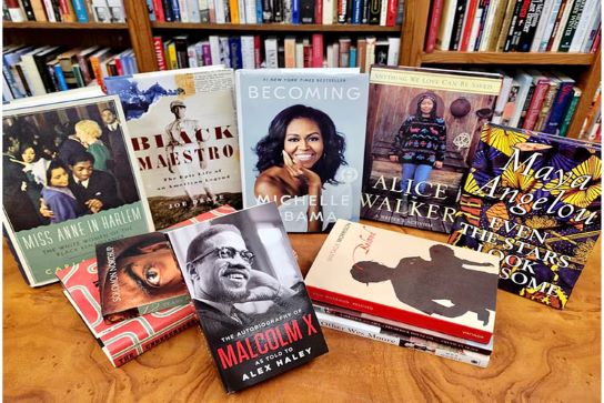 Collection of books including Malcom X, Michelle, Obama, Alice Walker, Maya Angelou, and more.