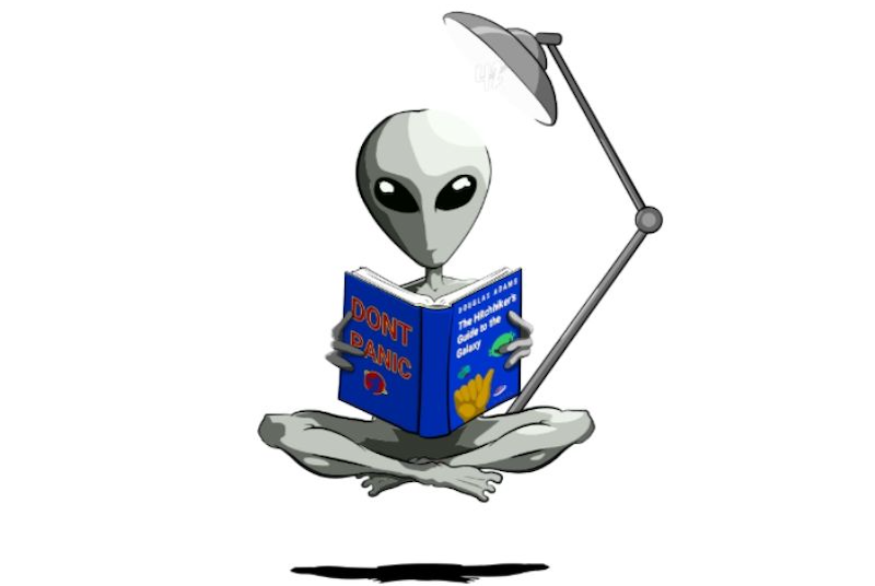 An alien reading the hitchhikers guide to the galaxy