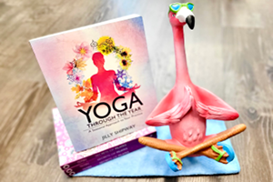 A statue of a flamingo doing yoga next to a book about yoga