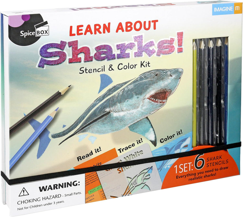 Marissa's Books & Gifts, LLC Spicebox: Learn About Sharks! Stencil & Color Kit