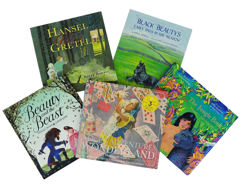 Marissa's Books & Gifts, LLC Classic Kids Illustrated Storybook - 5 Book Set (Hansel & Gretel, Black Beauty Early Days in the Meadow, Beauty and the Beast, The Jungle Book: Mowgli's Adventures, and Alice's Adventures in Wonderland)