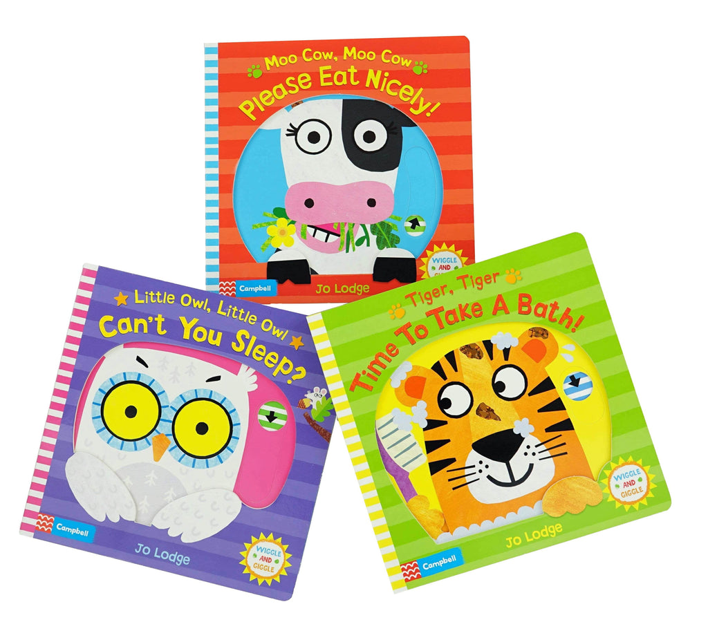 Marissa's Books & Gifts, LLC Wiggle and Giggle - Interactive 3 Book Set (Little Owl, Little Owl, Can't You Sleep?, Tiger, Tiger, Time To Take A Bath!, Moo Cow, Moo Cow, Please Eat Nicely!)